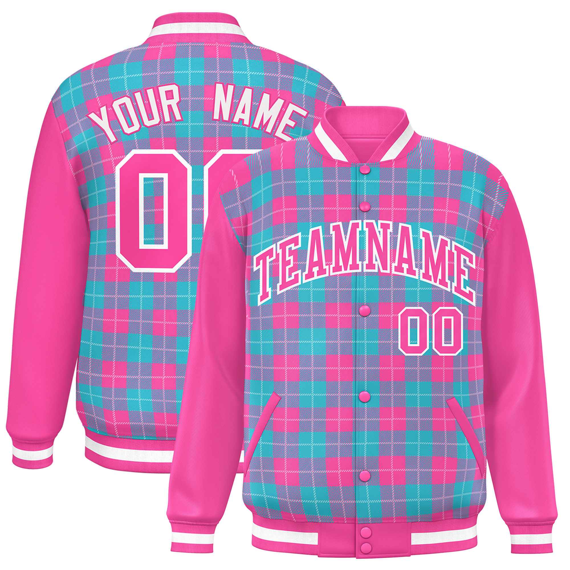 Custom Sky Blue Pink-White Varsity Full-Snap Plaid Pattern Letterman Baseball Jacket