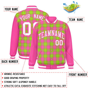 Custom Neon Green Pink-White Varsity Full-Snap Plaid Pattern Letterman Baseball Jacket