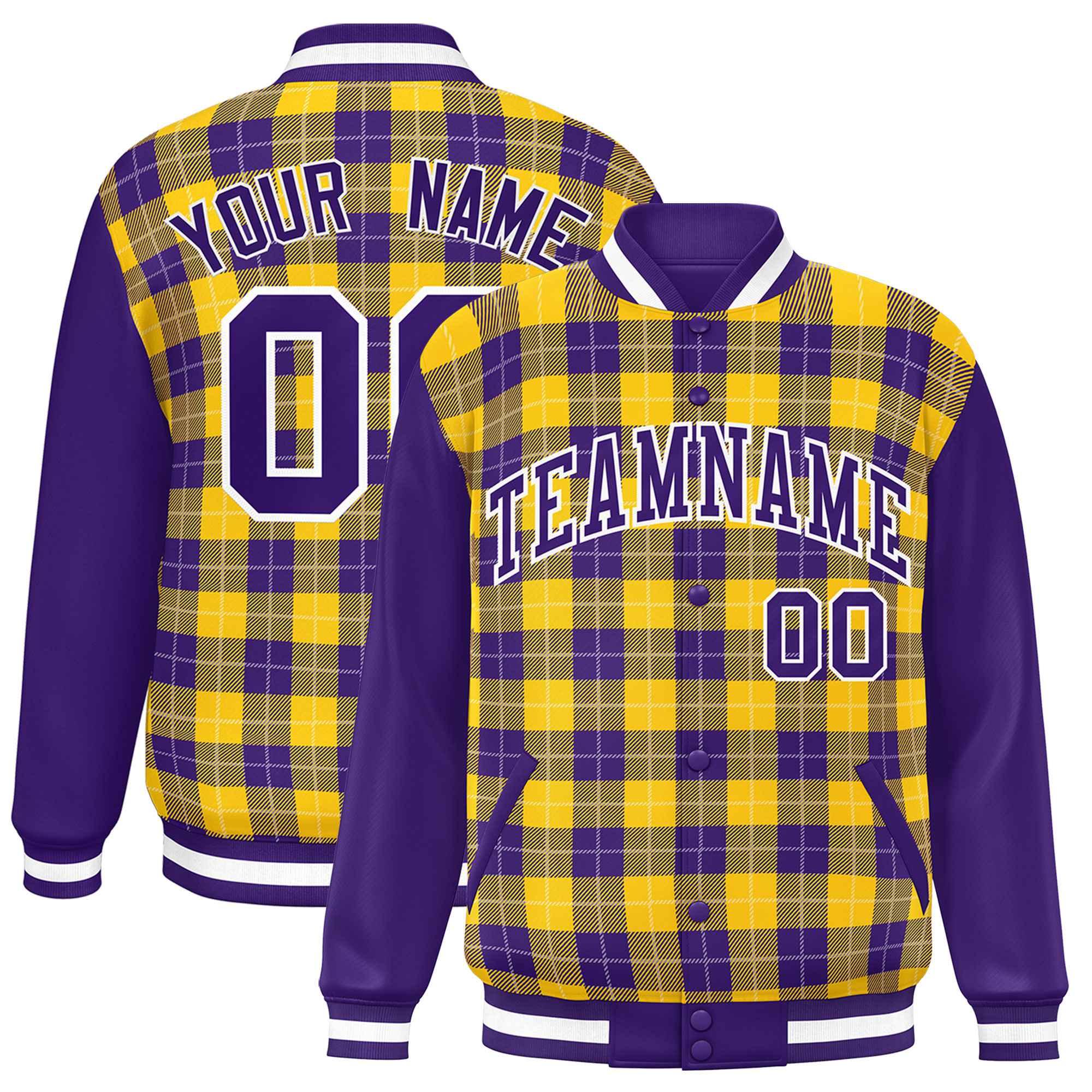 Custom Gold Purple-White Varsity Full-Snap Plaid Pattern Letterman Baseball Jacket