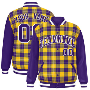 Custom Gold Purple-White Varsity Full-Snap Plaid Pattern Letterman Baseball Jacket