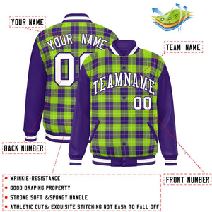 Custom Neon Green Purple-White Varsity Full-Snap Plaid Pattern Letterman Baseball Jacket