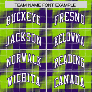 Custom Neon Green Purple-White Varsity Full-Snap Plaid Pattern Letterman Baseball Jacket