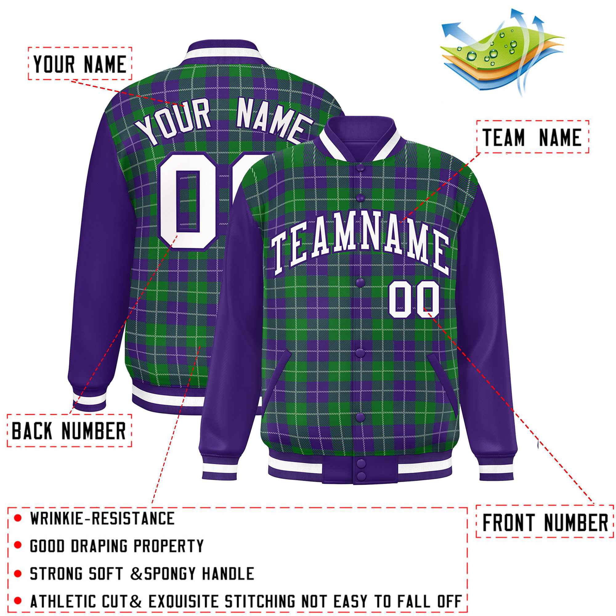 Custom Kelly Green Purple-White Varsity Full-Snap Plaid Pattern Letterman Baseball Jacket