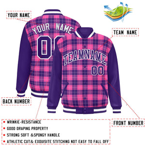 Custom Pink Purple-White Varsity Full-Snap Plaid Pattern Letterman Baseball Jacket