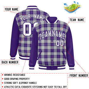 Custom Gray Purple-White Varsity Full-Snap Plaid Pattern Letterman Baseball Jacket