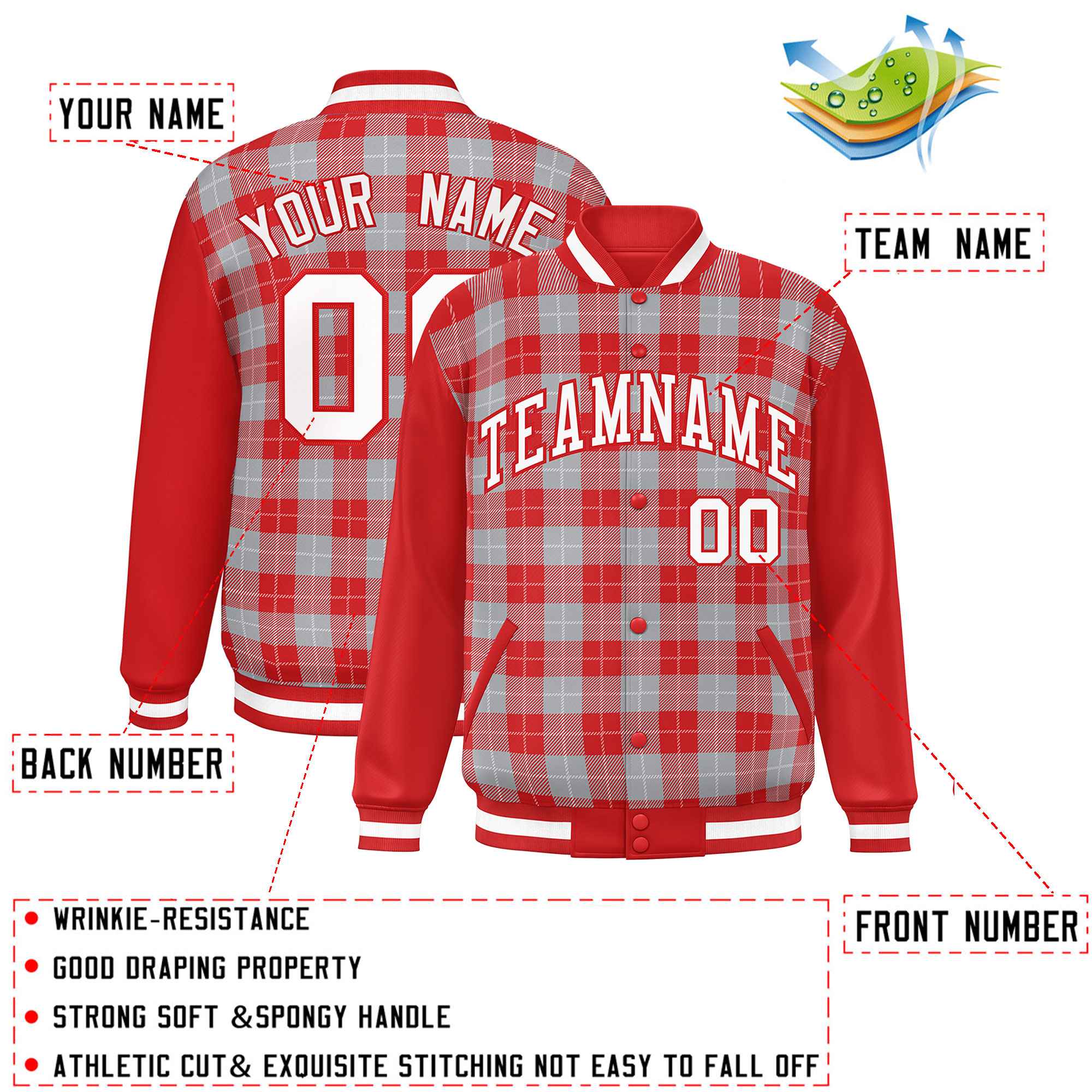 Custom Gray Red-White Varsity Full-Snap Plaid Pattern Letterman Baseball Jacket