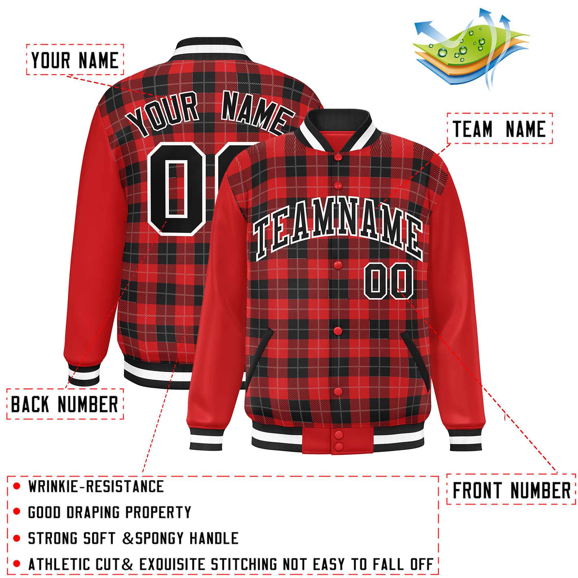 Custom Red Black-Gray Varsity Full-Snap Plaid Pattern Letterman Baseball Jacket