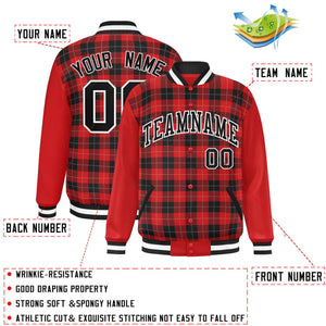 Custom Red Black-Gray Varsity Full-Snap Plaid Pattern Letterman Baseball Jacket