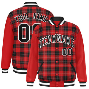 Custom Red Black-Gray Varsity Full-Snap Plaid Pattern Letterman Baseball Jacket