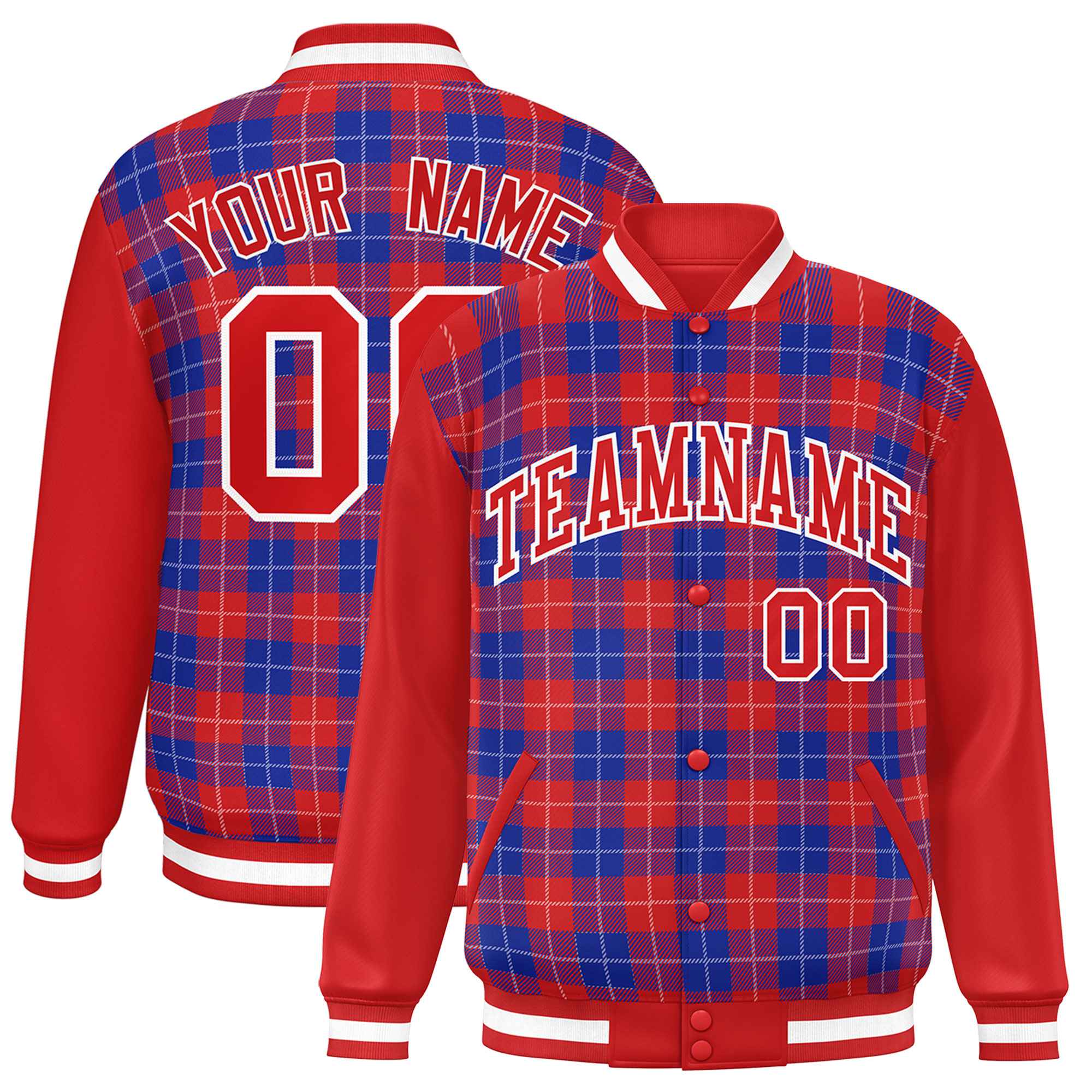 Custom Royal Red-White Varsity Full-Snap Plaid Pattern Letterman Baseball Jacket