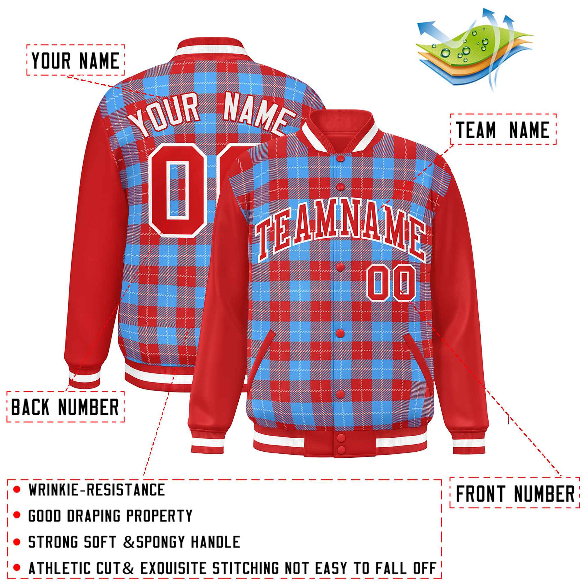 Custom Powder Blue Red-White Varsity Full-Snap Plaid Pattern Letterman Baseball Jacket