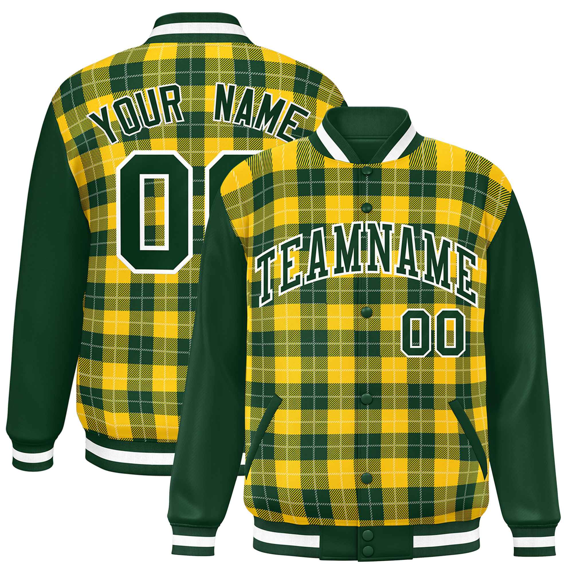 Custom Gold Green-White Varsity Full-Snap Plaid Pattern Letterman Baseball Jacket