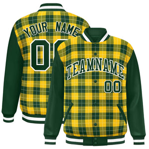 Custom Gold Green-White Varsity Full-Snap Plaid Pattern Letterman Baseball Jacket