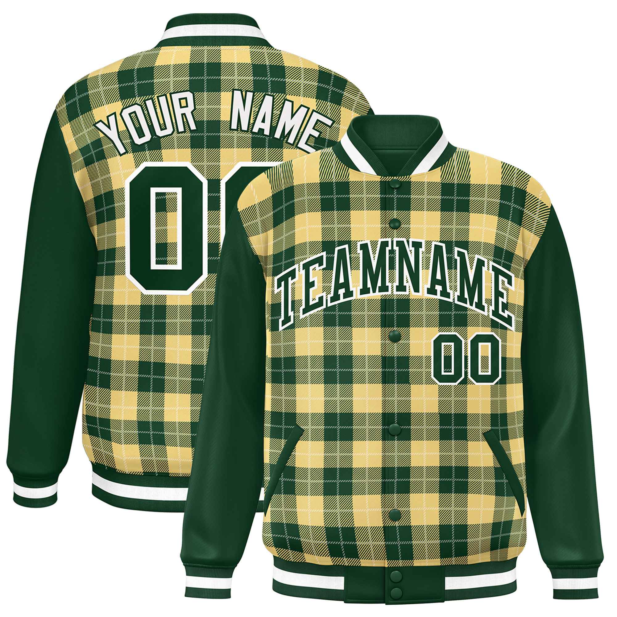 Custom Khaki Green-White Varsity Full-Snap Plaid Pattern Letterman Baseball Jacket