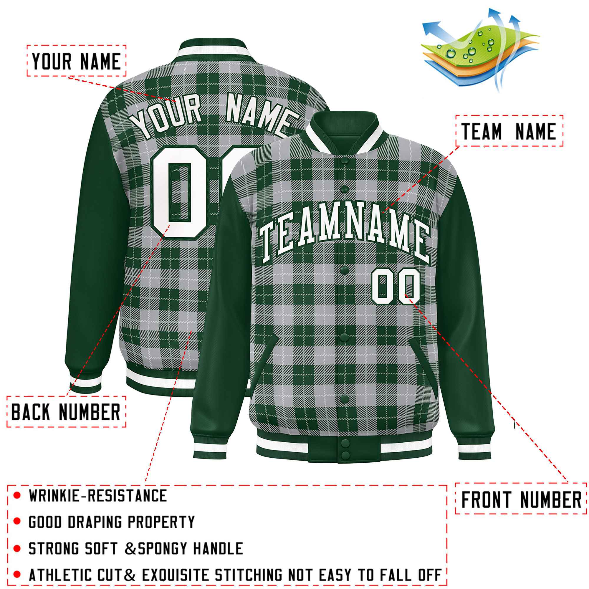 Custom Gray Green-White Varsity Full-Snap Plaid Pattern Letterman Baseball Jacket