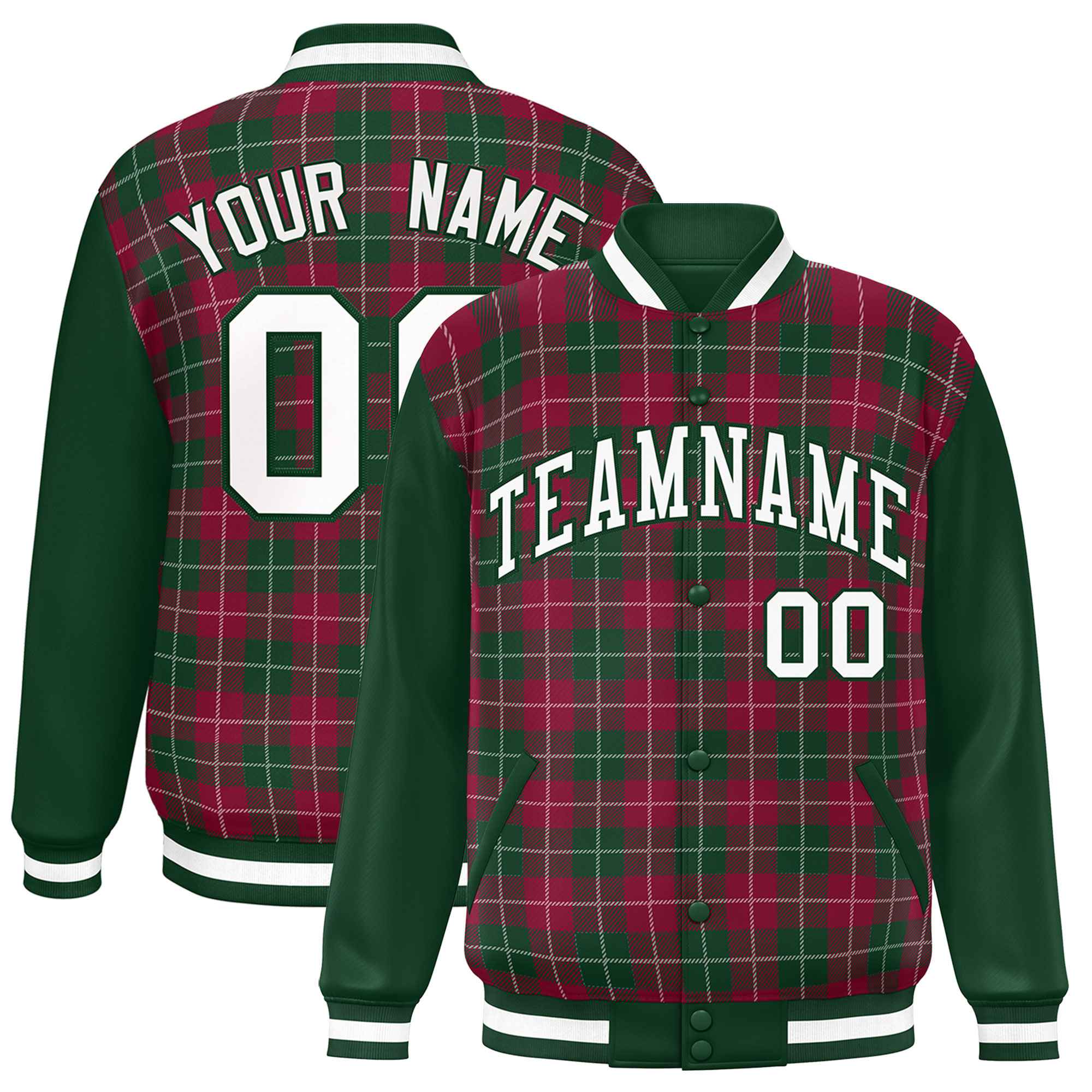 Custom Crimson Green-White Varsity Full-Snap Plaid Pattern Letterman Baseball Jacket