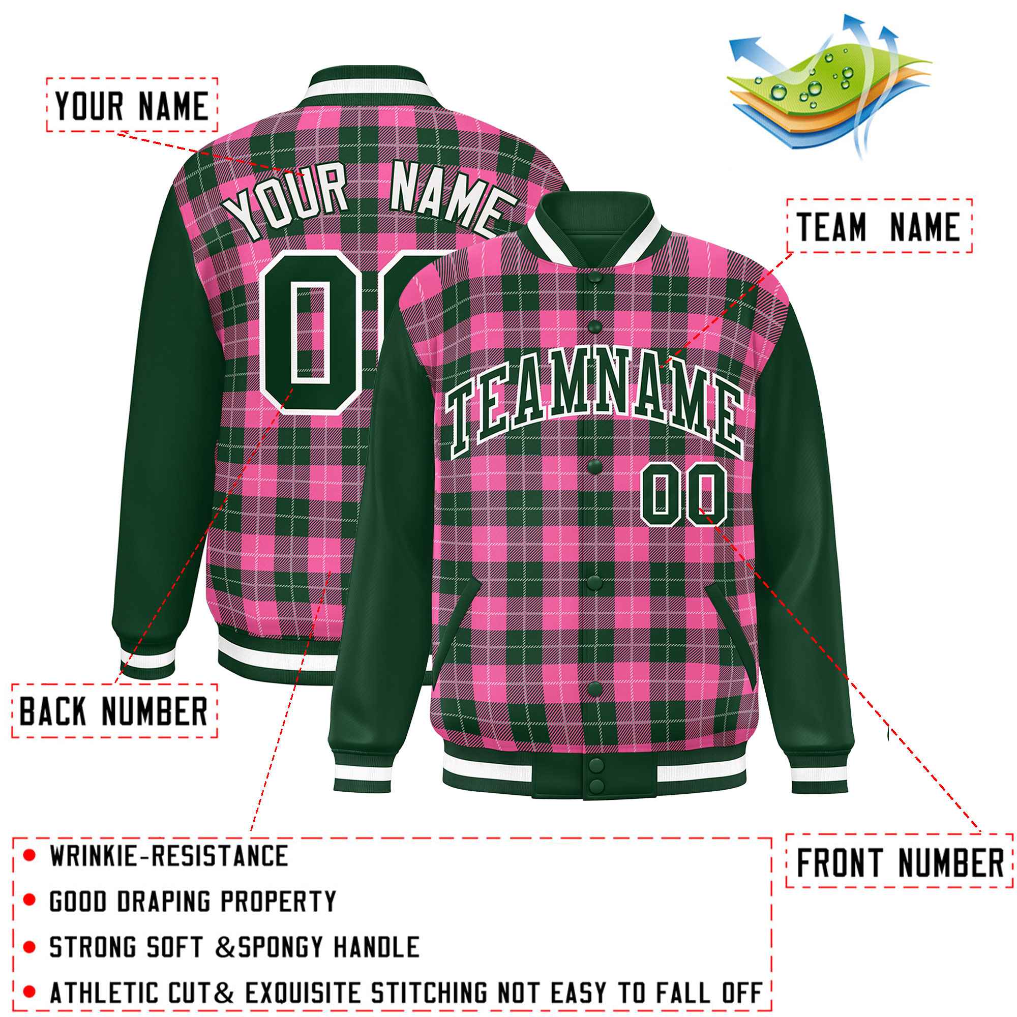 Custom Pink Green-White Varsity Full-Snap Plaid Pattern Letterman Baseball Jacket