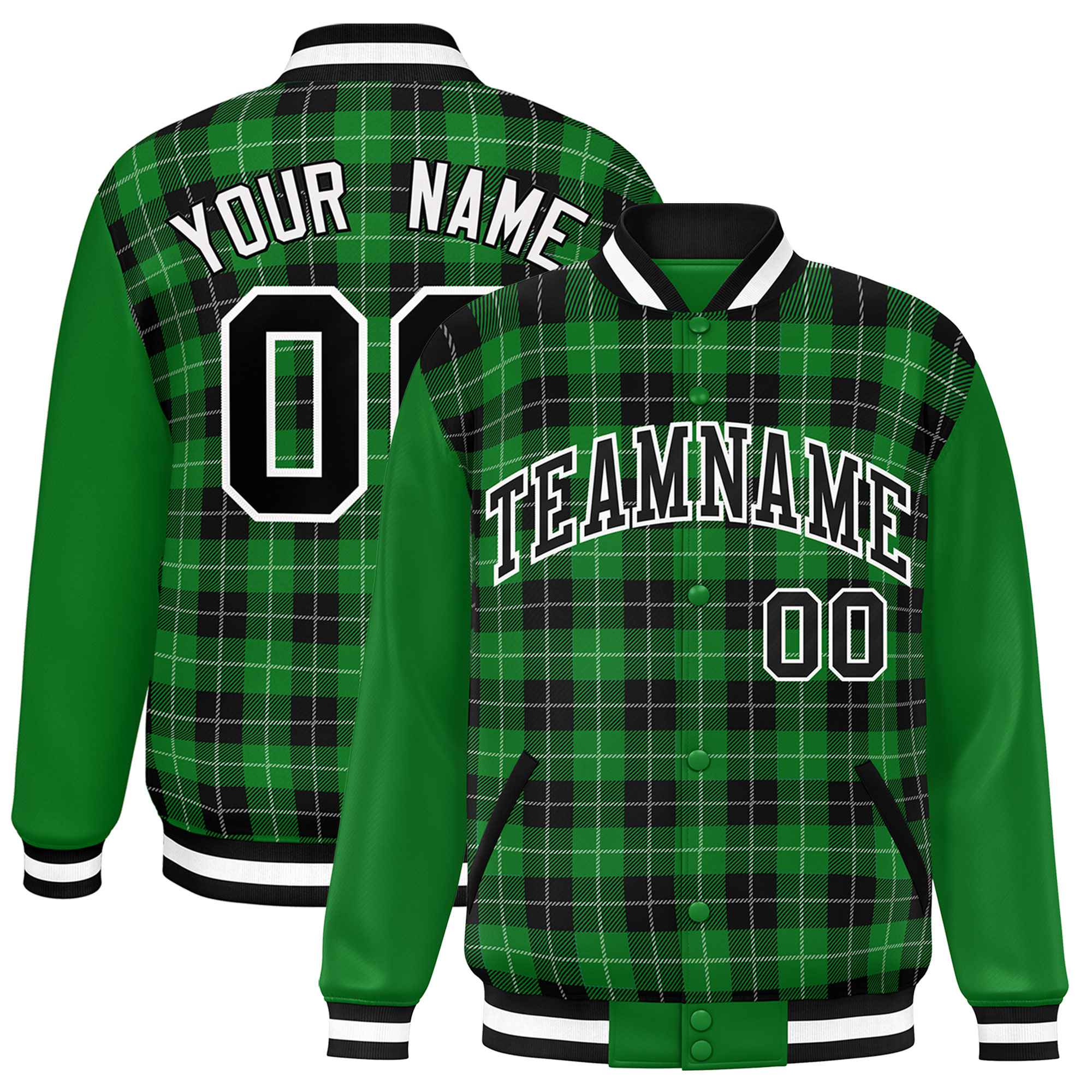 Custom Black Green-White Varsity Full-Snap Plaid Pattern Letterman Baseball Jacket