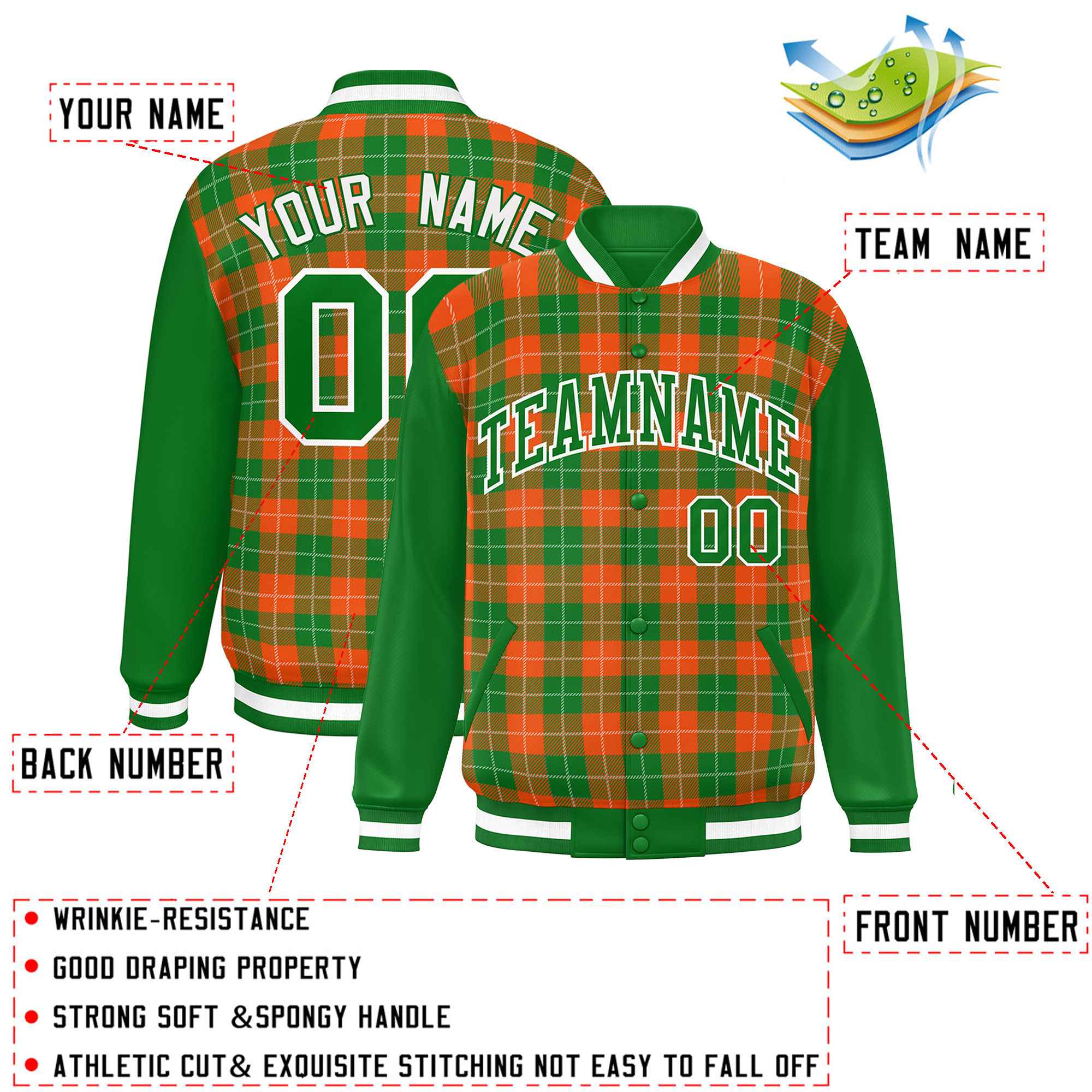 Custom Orange Green-White Varsity Full-Snap Plaid Pattern Letterman Baseball Jacket