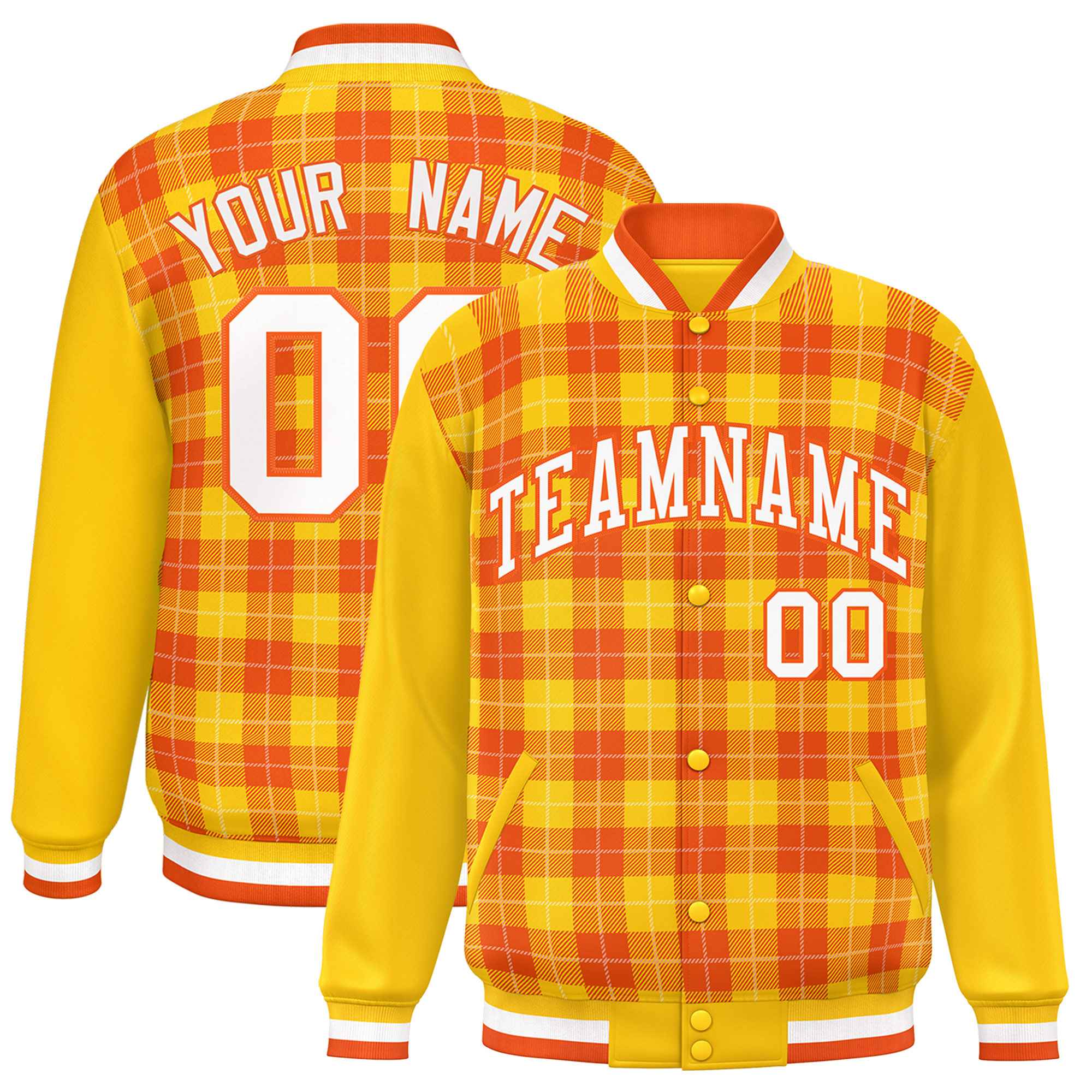 Custom Orange Gold-White Varsity Full-Snap Plaid Pattern Letterman Baseball Jacket