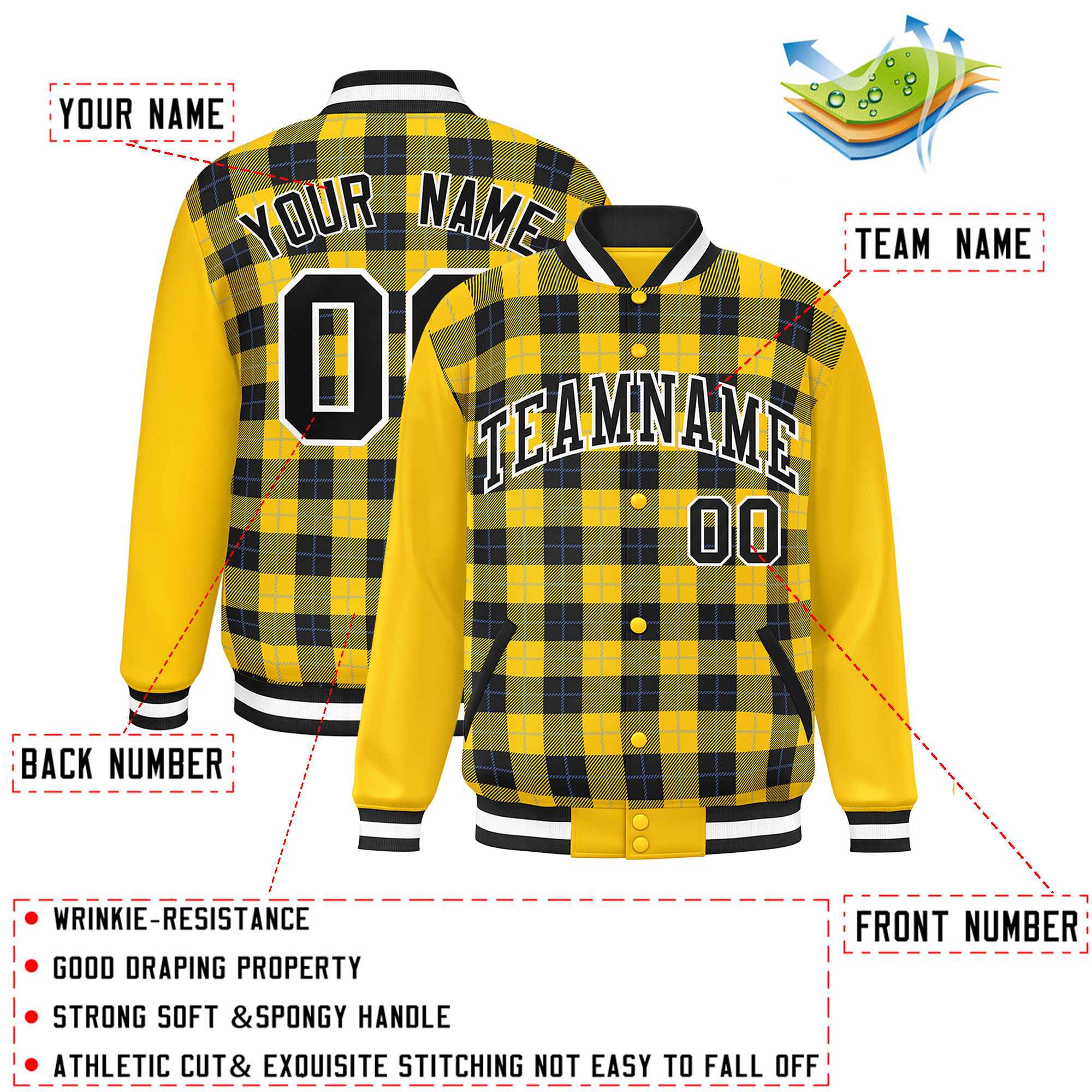 Custom Black Gold-Powder Blue Varsity Full-Snap Plaid Pattern Letterman Baseball Jacket