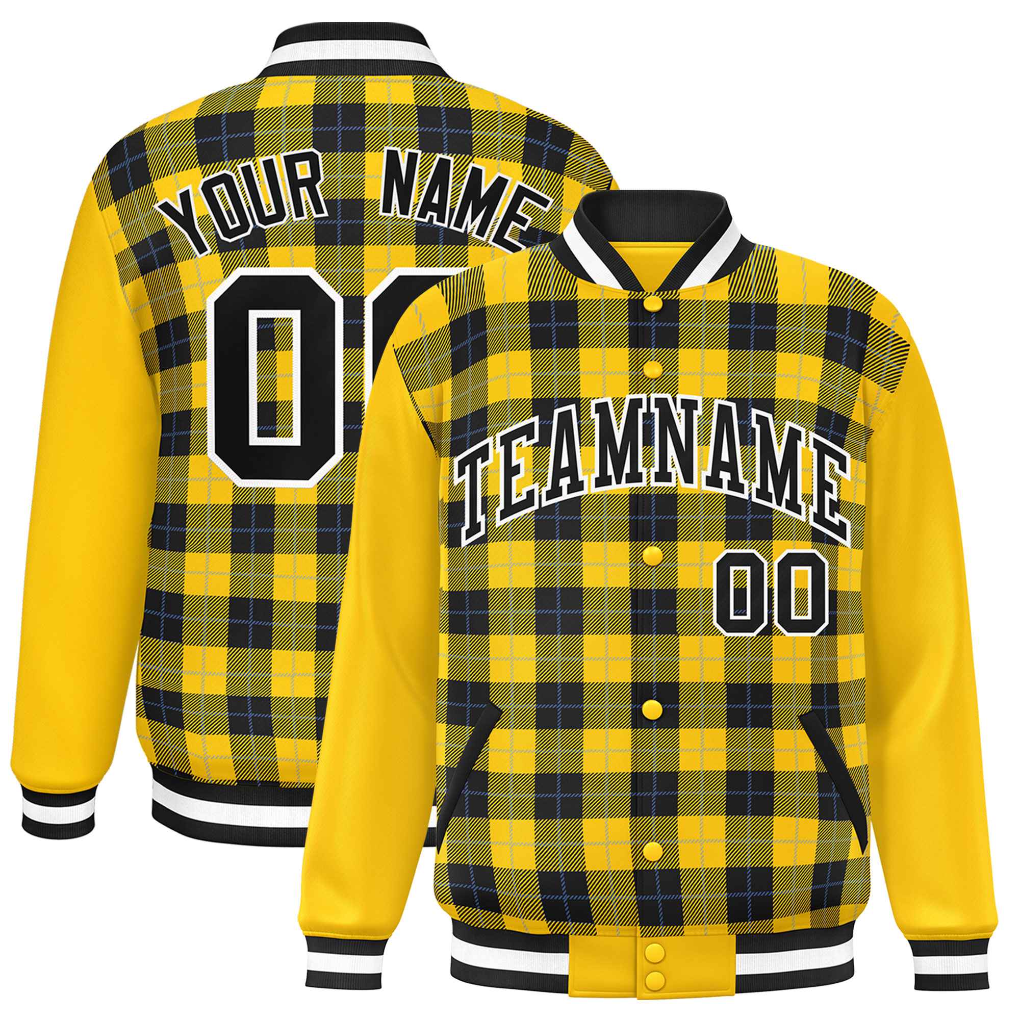 Custom Black Gold-Powder Blue Varsity Full-Snap Plaid Pattern Letterman Baseball Jacket