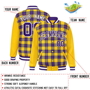 Custom Purple Gold-White Varsity Full-Snap Plaid Pattern Letterman Baseball Jacket