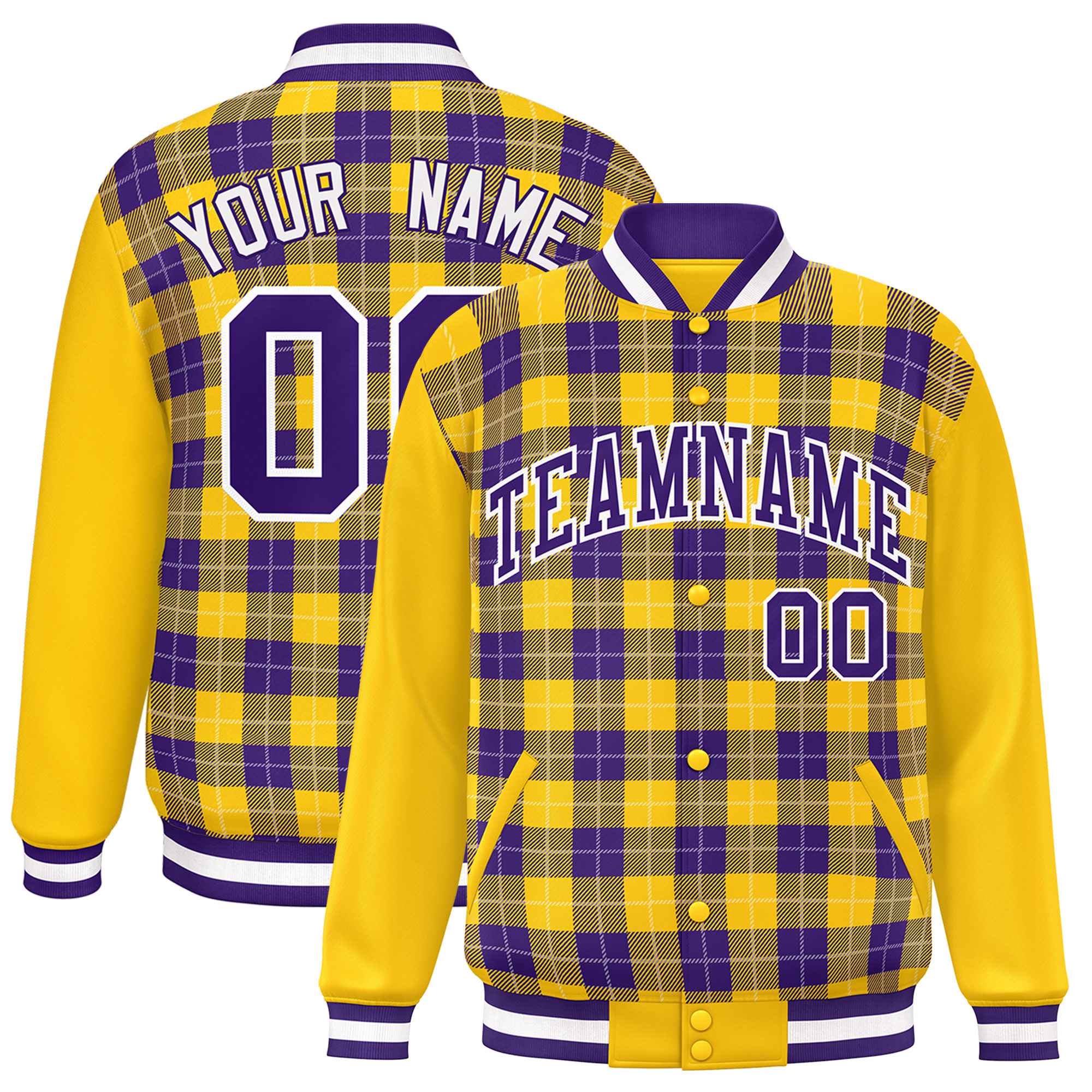 Custom Purple Gold-White Varsity Full-Snap Plaid Pattern Letterman Baseball Jacket