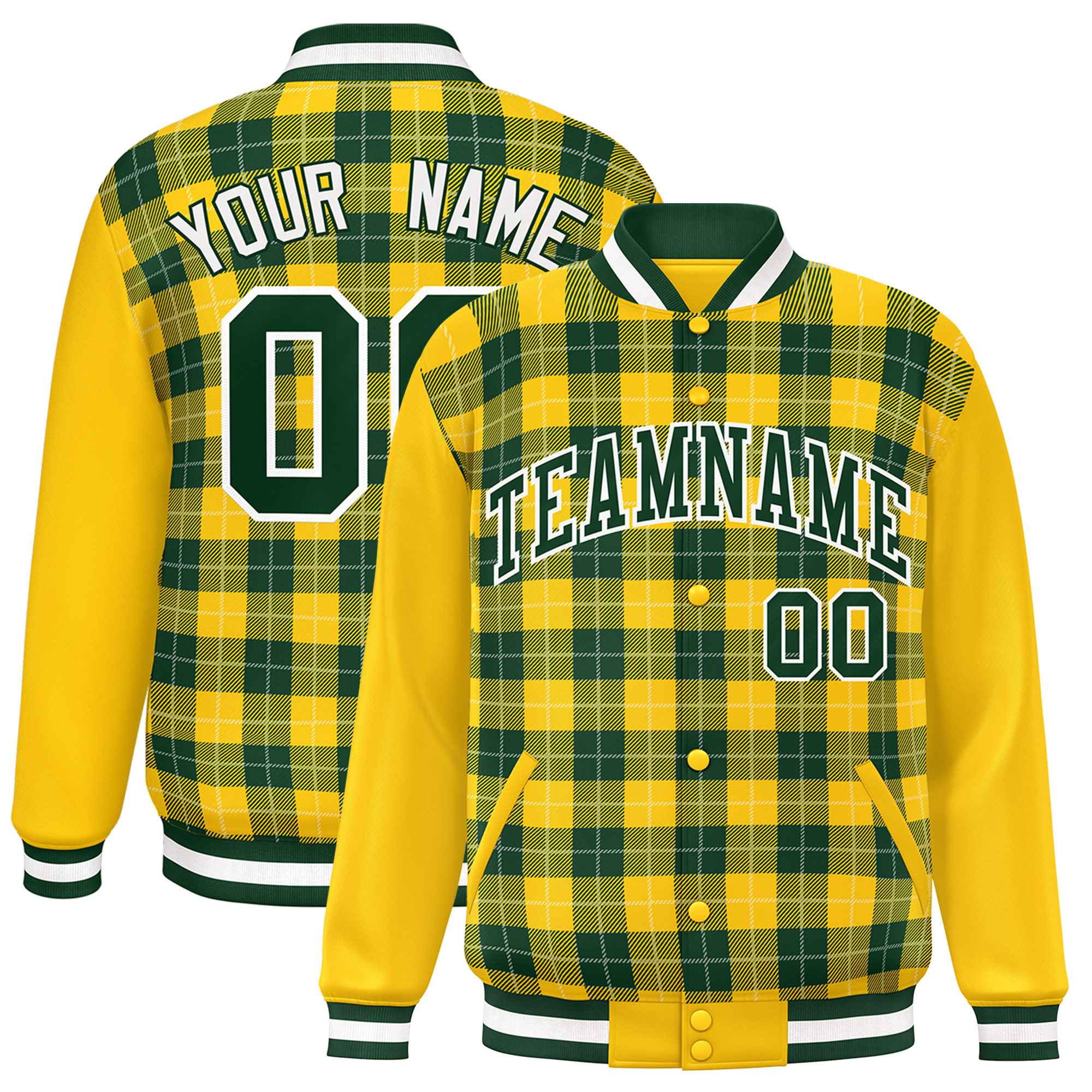 Custom Green Gold-White Varsity Full-Snap Plaid Pattern Letterman Baseball Jacket