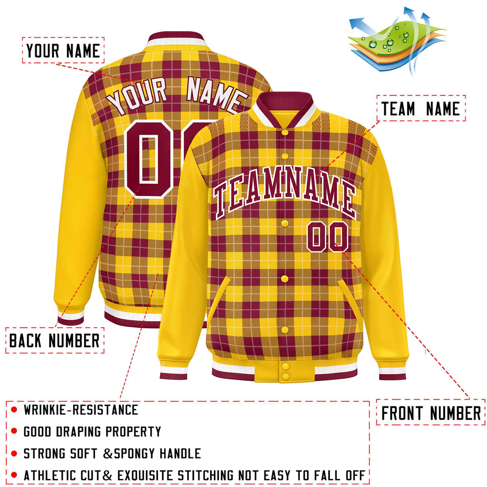 Custom Crimson Gold-White Varsity Full-Snap Plaid Pattern Letterman Baseball Jacket