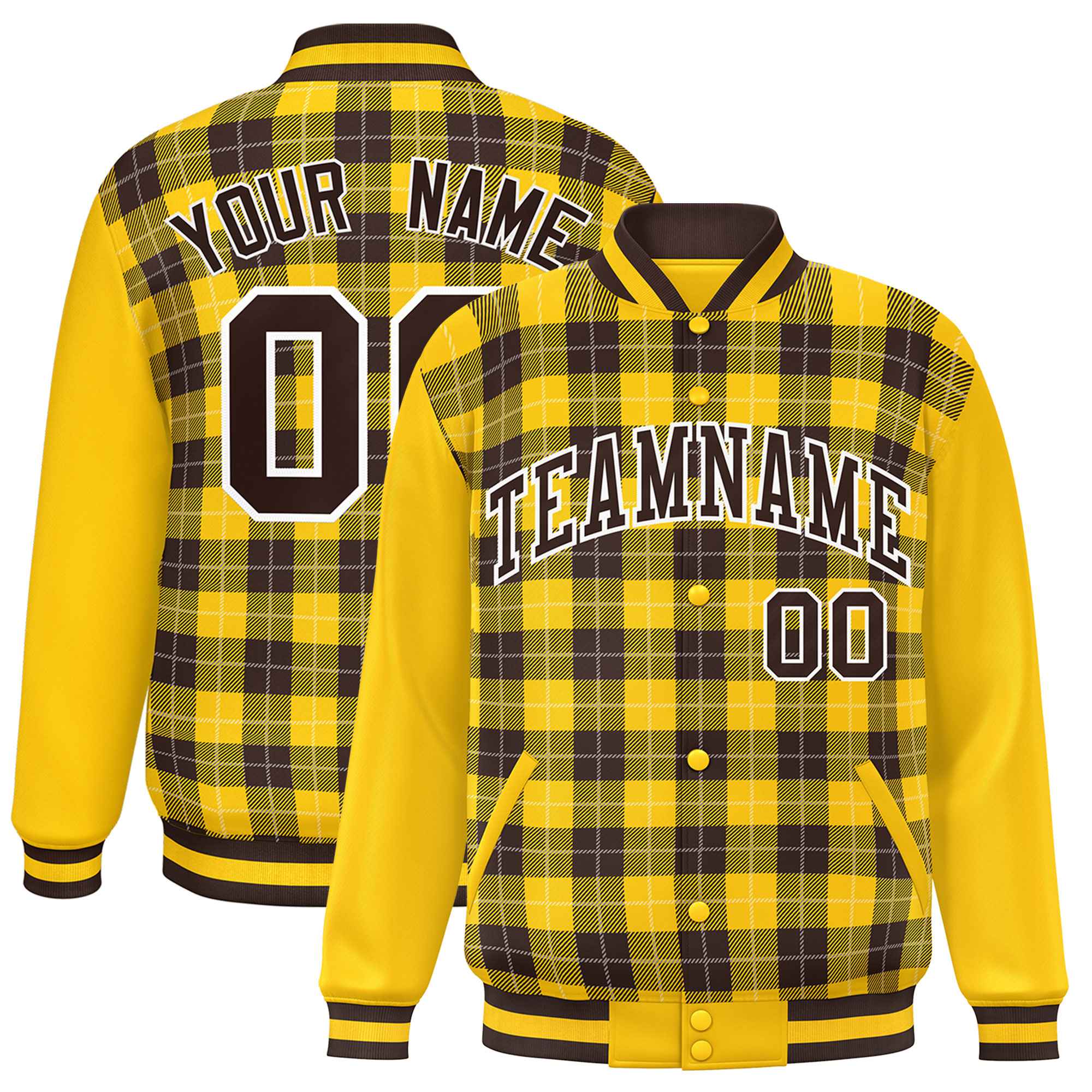 Custom Brown Gold-White Varsity Full-Snap Plaid Pattern Letterman Baseball Jacket