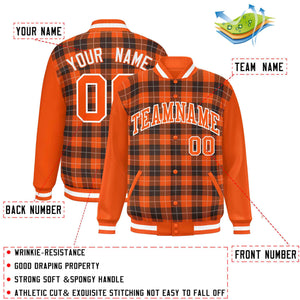 Custom Brown Orange-White Varsity Full-Snap Plaid Pattern Letterman Baseball Jacket