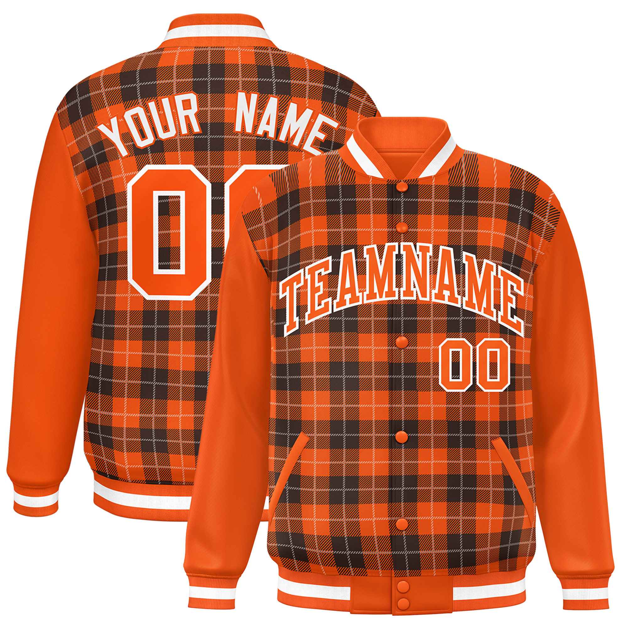 Custom Brown Orange-White Varsity Full-Snap Plaid Pattern Letterman Baseball Jacket