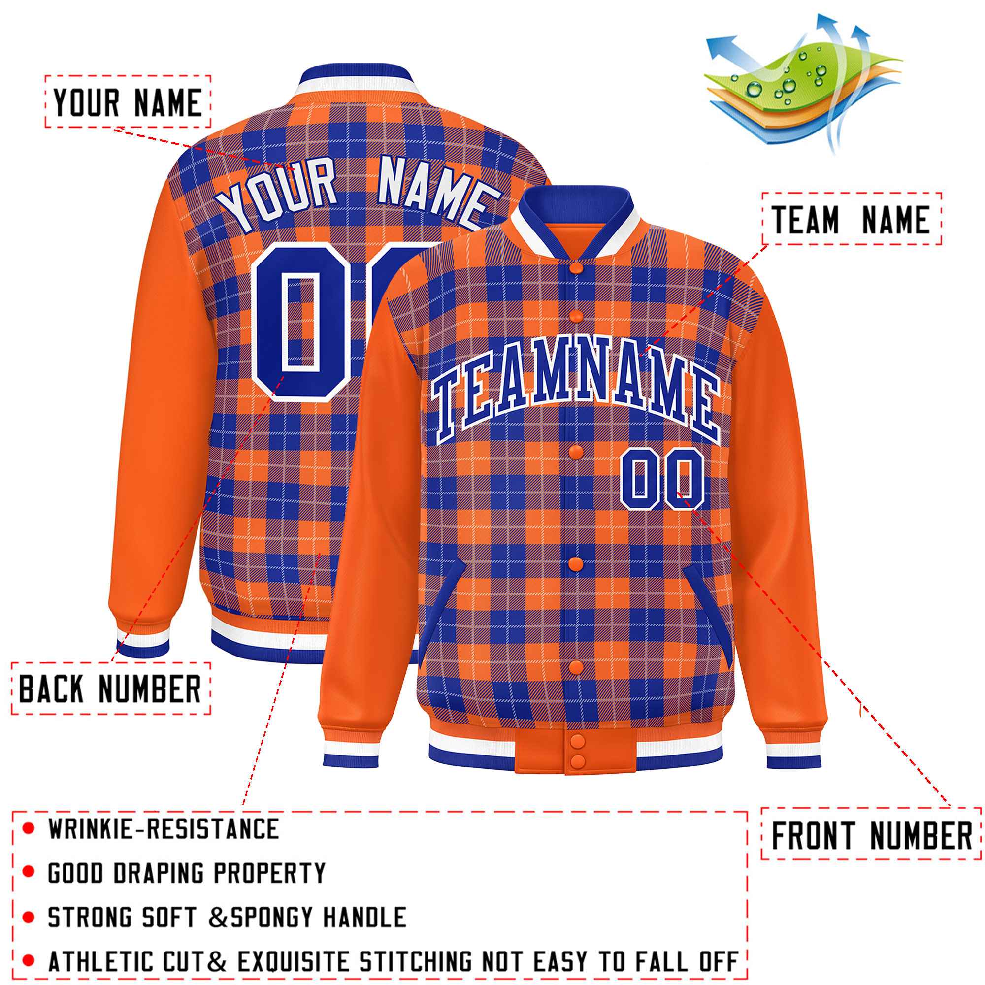 Custom Royal Orange-White Varsity Full-Snap Plaid Pattern Letterman Baseball Jacket