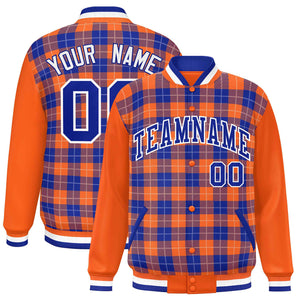 Custom Royal Orange-White Varsity Full-Snap Plaid Pattern Letterman Baseball Jacket