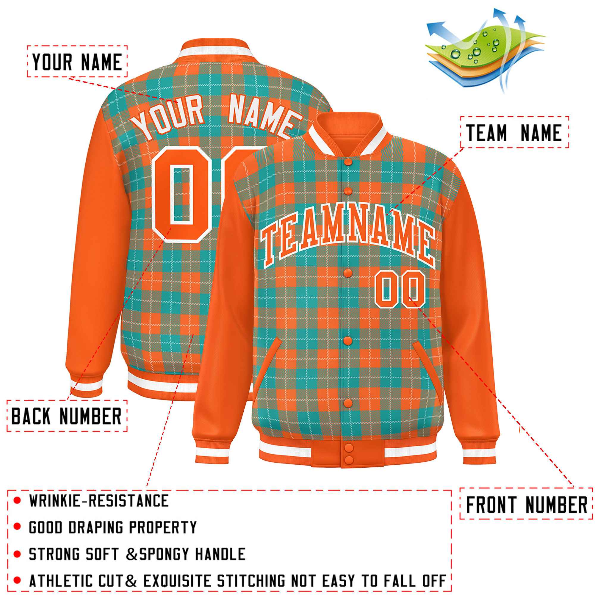 Custom Aqua Orange-White Varsity Full-Snap Plaid Pattern Letterman Baseball Jacket