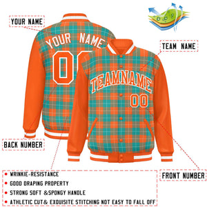 Custom Aqua Orange-White Varsity Full-Snap Plaid Pattern Letterman Baseball Jacket