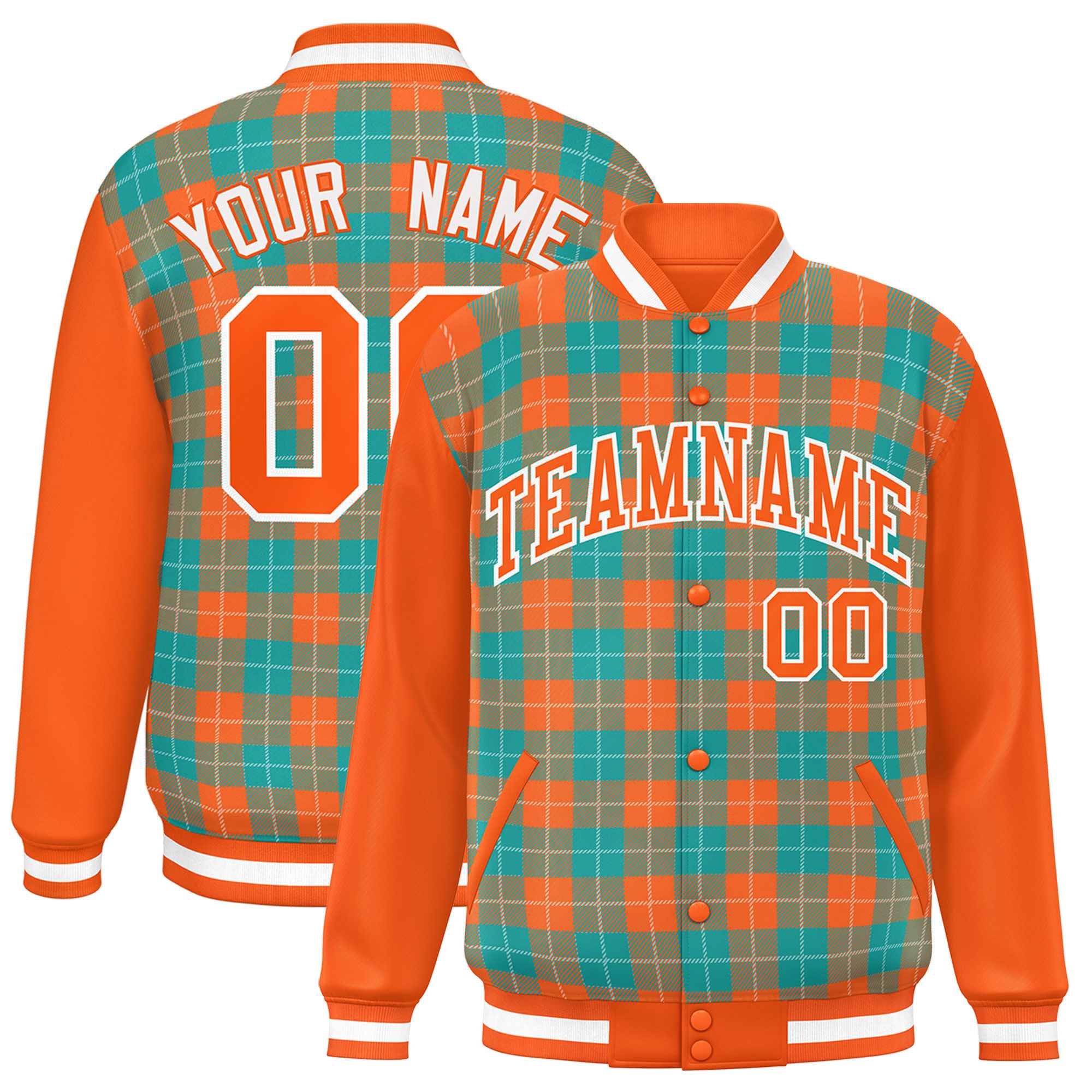 Custom Aqua Orange-White Varsity Full-Snap Plaid Pattern Letterman Baseball Jacket