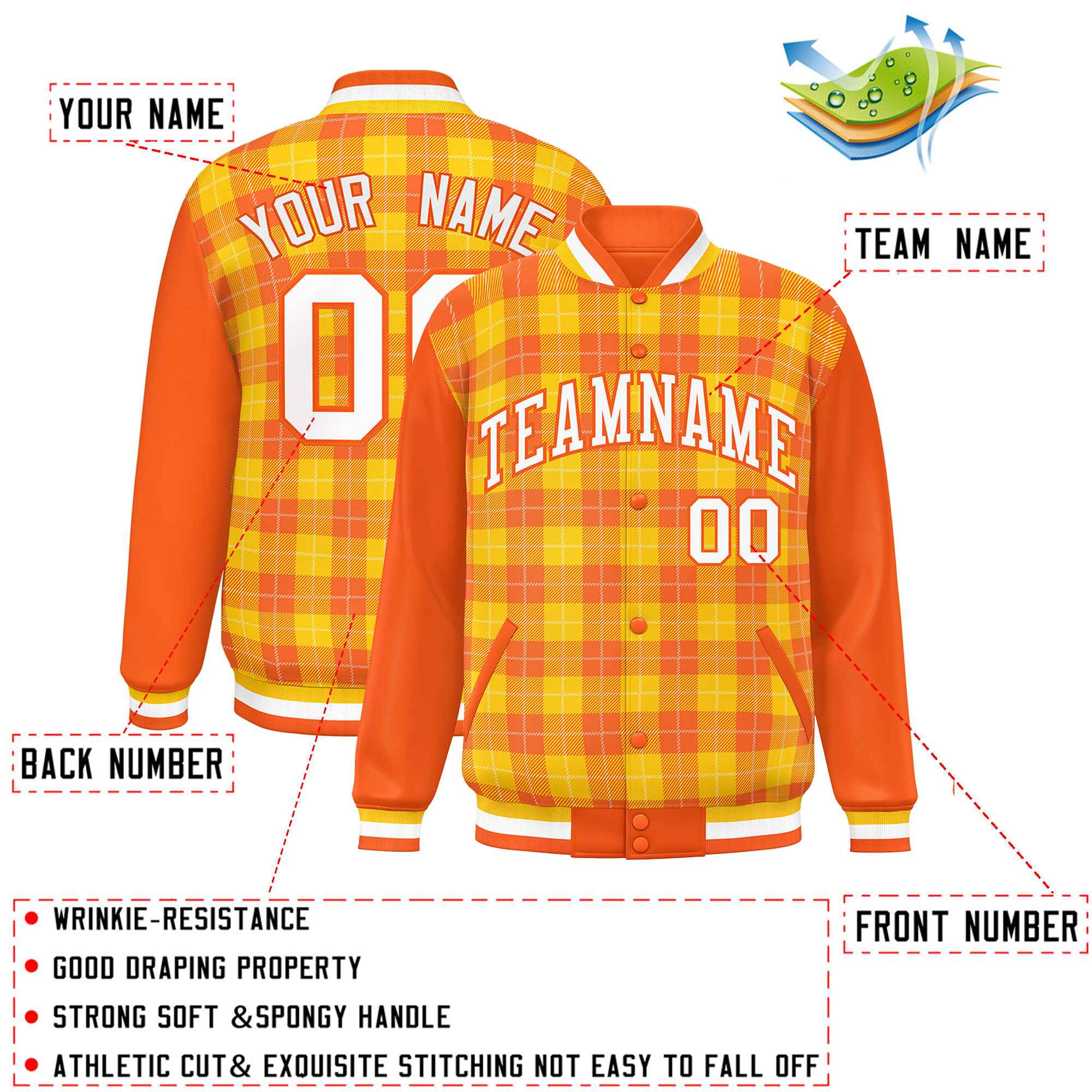 Custom Gold Orange-White Varsity Full-Snap Plaid Pattern Letterman Baseball Jacket