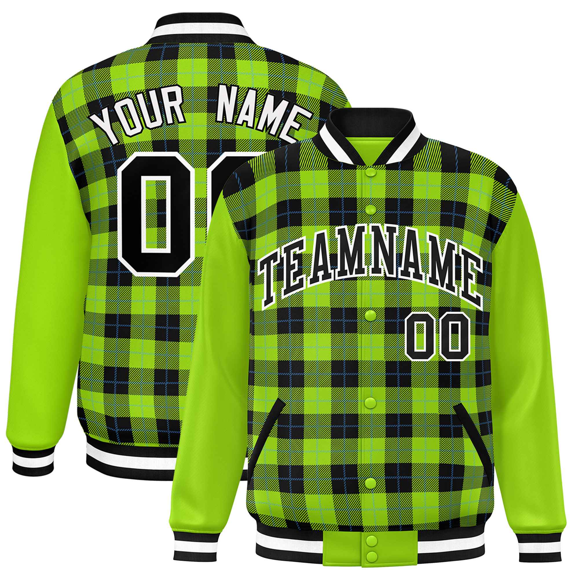 Custom Black Neon Green-Powder Blue Varsity Full-Snap Plaid Pattern Letterman Baseball Jacket