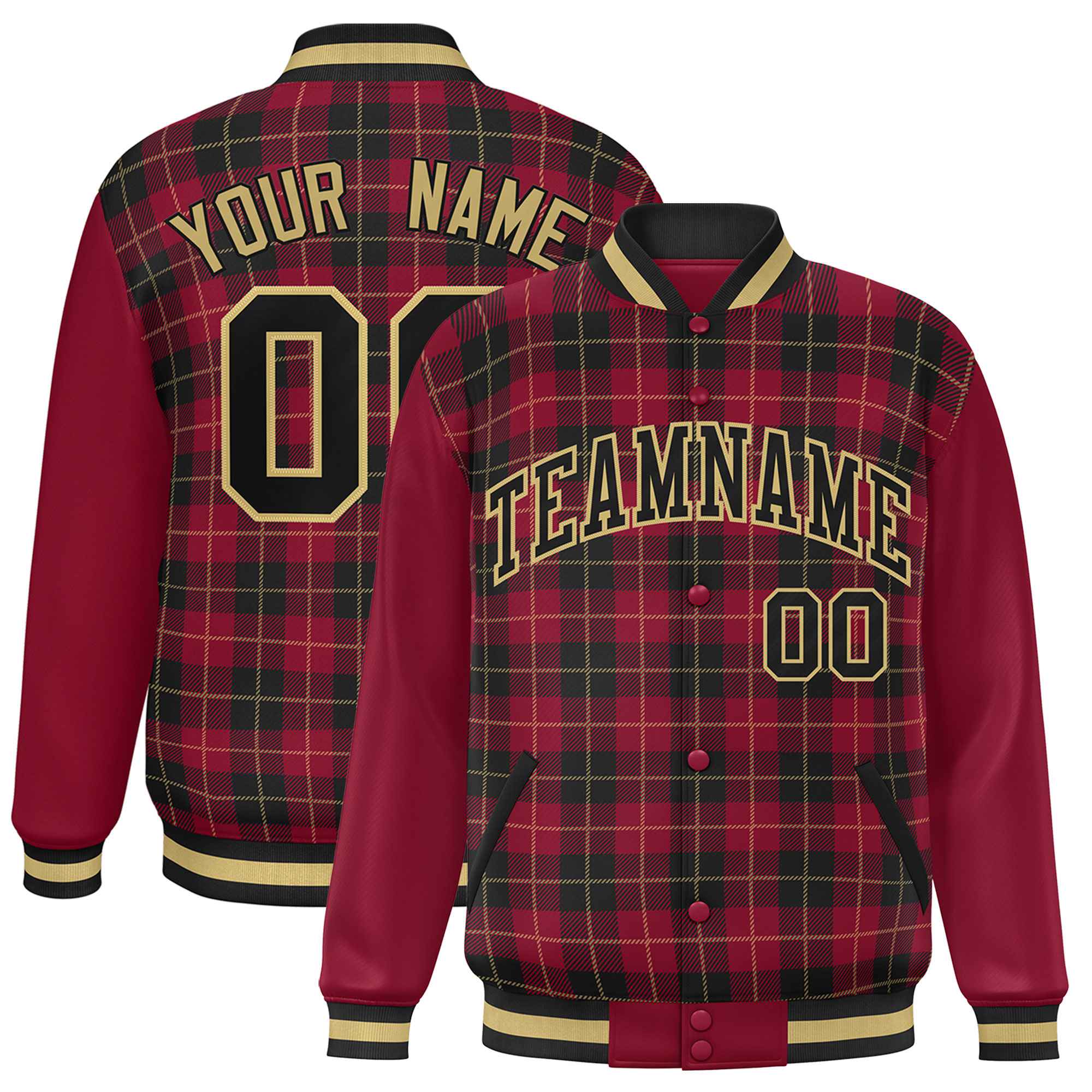 Custom Black Crimson-Khaki Varsity Full-Snap Plaid Pattern Letterman Baseball Jacket