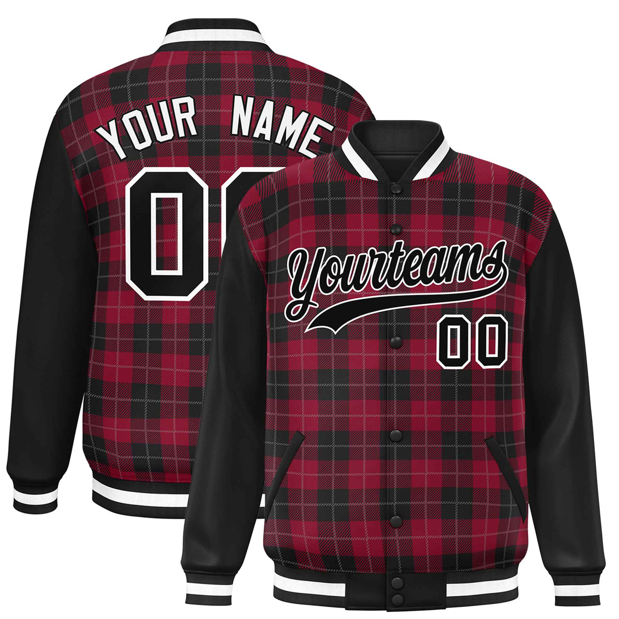 Custom Crimson Black-Gray Varsity Full-Snap Plaid Pattern Letterman Baseball Jacket