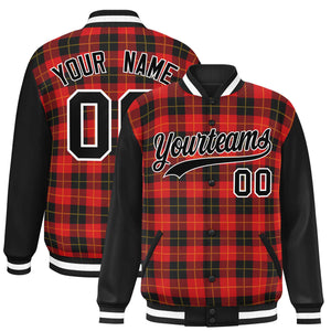 Custom Red Black-Gold Varsity Full-Snap Plaid Pattern Letterman Baseball Jacket