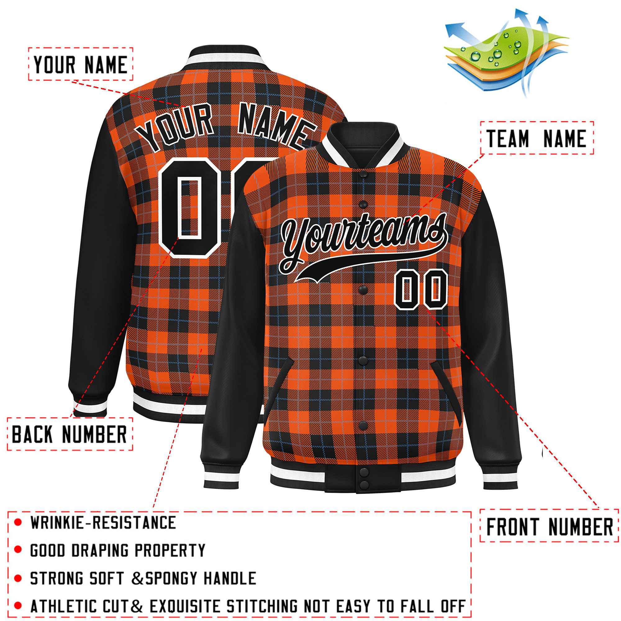 Custom Orange Black-Powder Blue Varsity Full-Snap Plaid Pattern Letterman Baseball Jacket