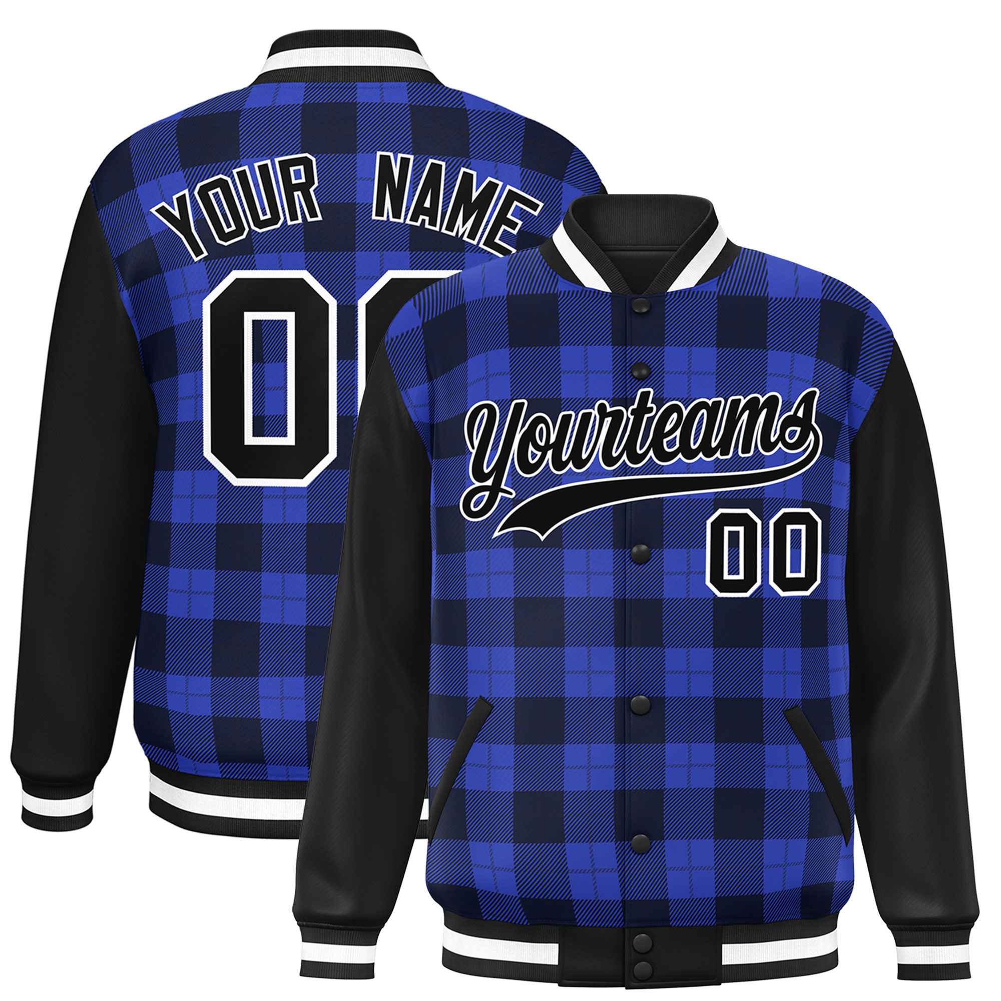 Custom Royal Navy-Black Varsity Full-Snap Plaid Pattern Letterman Baseball Jacket