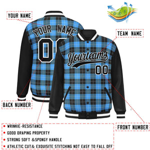 Custom Powder Blue Black-White Varsity Full-Snap Plaid Pattern Letterman Baseball Jacket