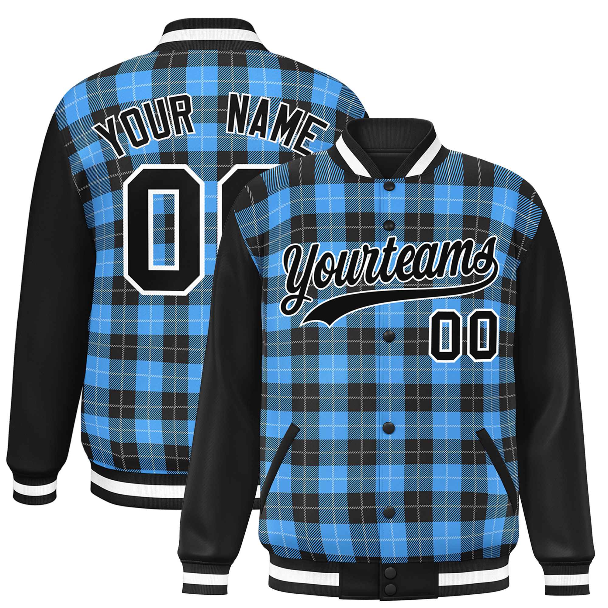 Custom Powder Blue Black-White Varsity Full-Snap Plaid Pattern Letterman Baseball Jacket