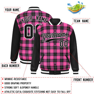 Custom Pink Black-White Varsity Full-Snap Plaid Pattern Letterman Baseball Jacket