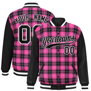 Custom Pink Black-White Varsity Full-Snap Plaid Pattern Letterman Baseball Jacket