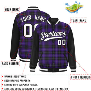 Custom Purple Black-White Varsity Full-Snap Plaid Pattern Letterman Baseball Jacket